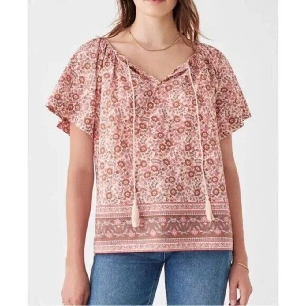 Faherty Florence Peasant Top Earth Block Floral Print Blouse